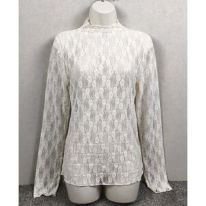 Womens Lace Mock Neck Top Size L Ivory Sheer Floral Long Sleeve Layering Blouse